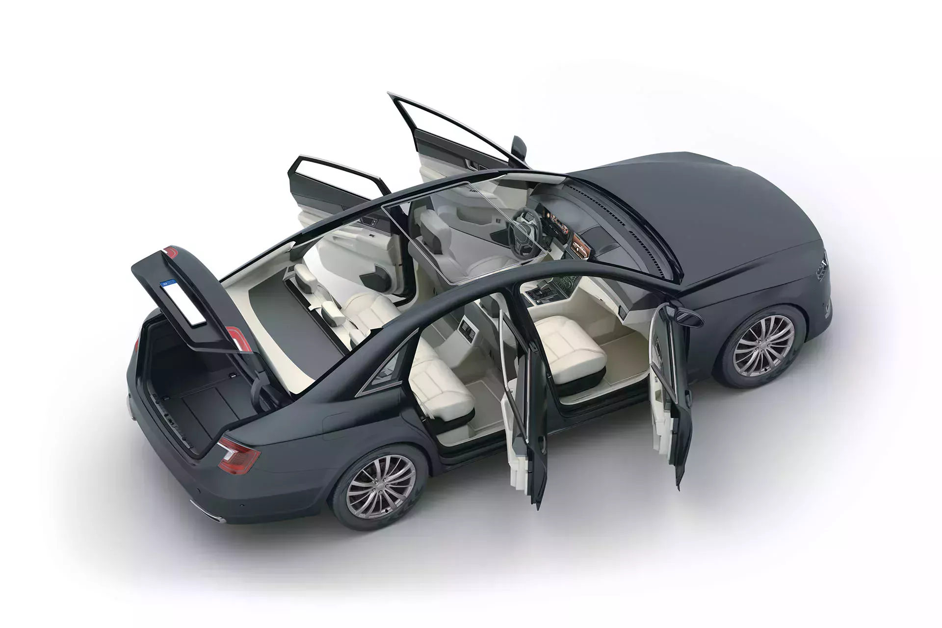 打开车门和后备箱的黑色汽车